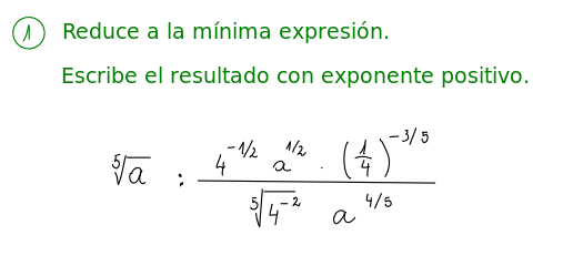 Ejercicio de reducir a la mínima expresión con potencias y raíces y expresar con exponente positivo